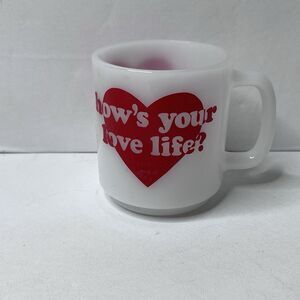 Vintage Glasbake Heart Milk Glass Coffee Mug " Hows Your Love Life"